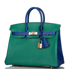 画像をギャラリービューアに読み込む, 【新品】エルメス 馬蹄型スタンプ(HSS) バイカラー ヴェール ヴァーティゴとブルー エレクトリック シェーブル バーキン 25cm ローズゴールド金具