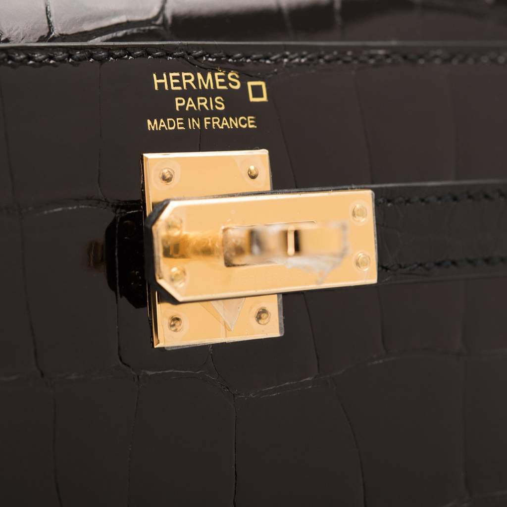 Hermes Kelly Sellier 25 Black Shiny Alligator Gold Hardware