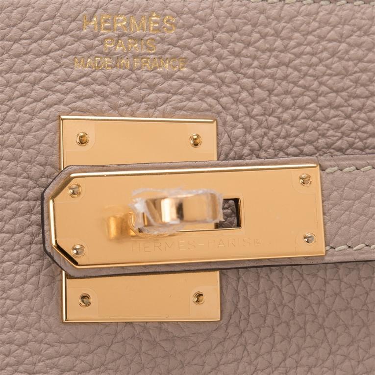 Hermes Personal Kelly bag 25 Retourne Gris tourterelle/ Craie Togo leather  Gold hardware Blue stitch