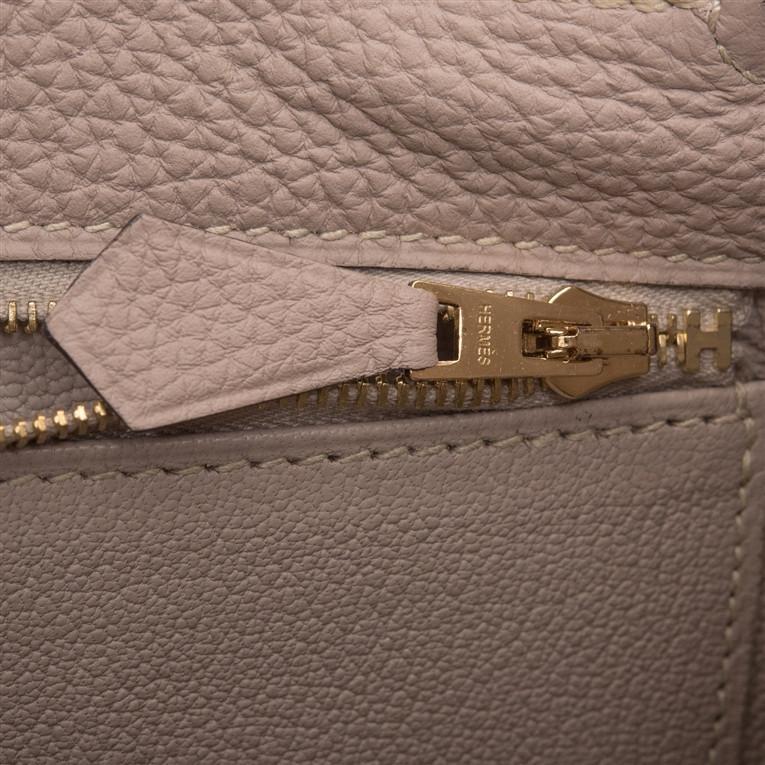 Hermes Personal Kelly bag 25 Retourne Gris tourterelle/ Craie Togo leather  Gold hardware Blue stitch