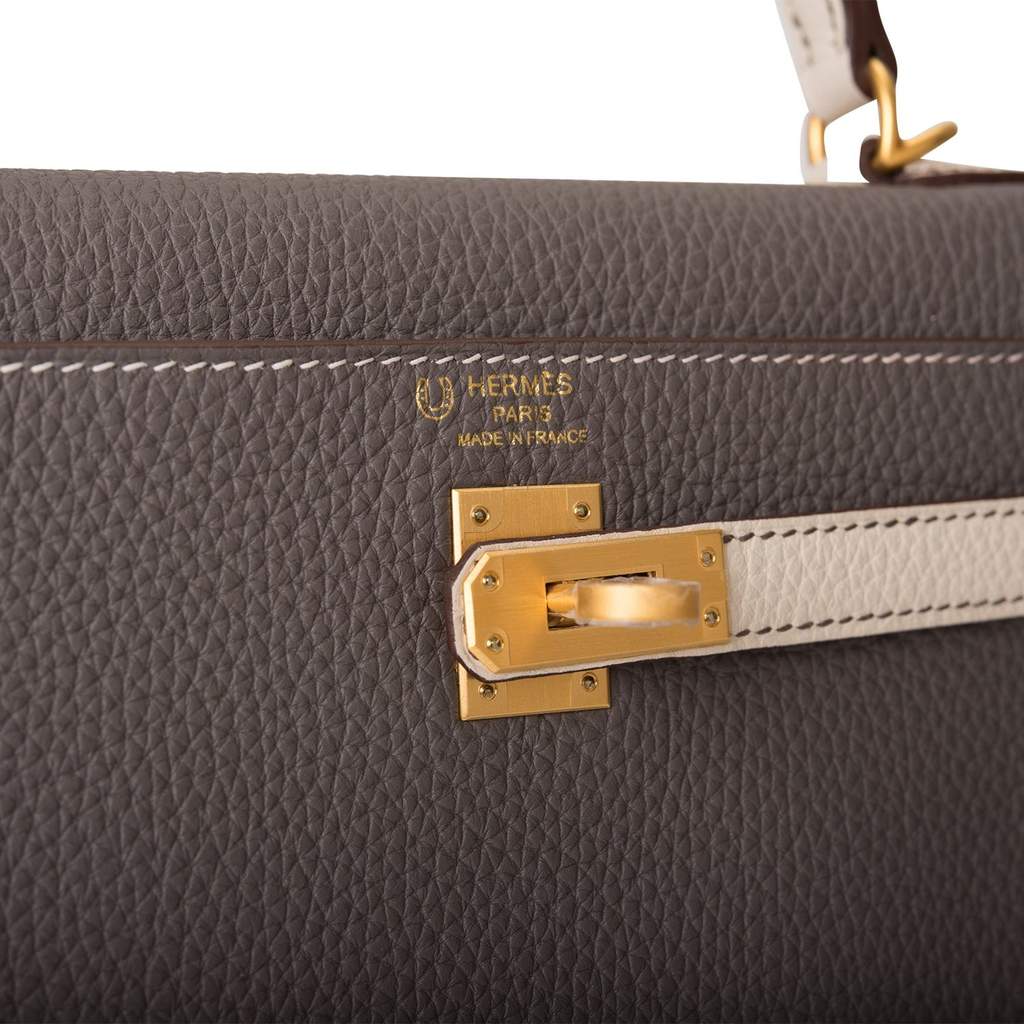 Hermes Kelly bag 25 Retourne Etain Togo leather Gold hardware