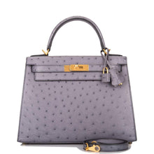 Load image into Gallery viewer, [NEW] Hermès Kelly Sellier 28 | Horseshoe Stamp (HSS), Bi-Color Gris Agate Ostrich &amp; Gris Perle Togo Leather, Brushed Gold Hardware
